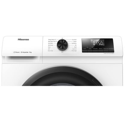 Freestanding Front Load Washing Machine – 6kg, Inverter Motor, 15 Programs, Quick & Steam Wash, 1200 RPM, White, Energy Class C