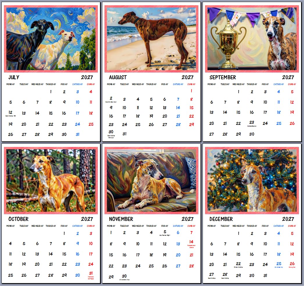 Greyhound Whippets 2027 Art Wall Hanging Calendar A4 Each Month Size
