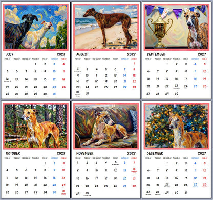 Greyhound Whippets 2027 Art Wall Hanging Calendar A4 Each Month Size