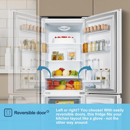 Fridgemaster 50cm Slim Fridge Freezer MC50175A – Fits Narrow Kitchens, 175L 60/40, Quiet 39dB, Reversible Door, White
